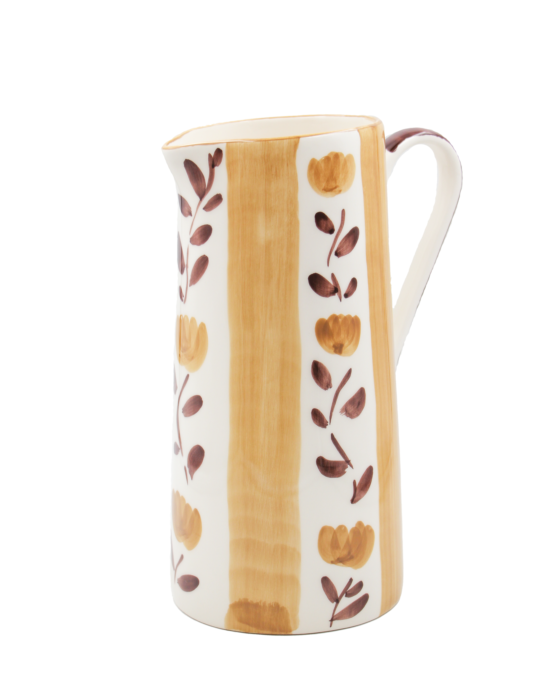 Ceramic pitcher with floral design on a white background