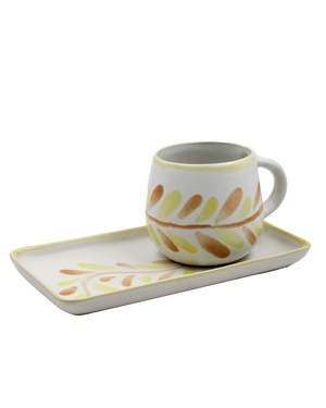 Hand painted stoneware mug and tray in yellow, honey color Hand painted stoneware mug and tray in yellow, honey color
