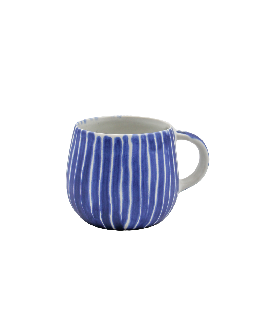 Blue and white striped stoneware mug on a white background