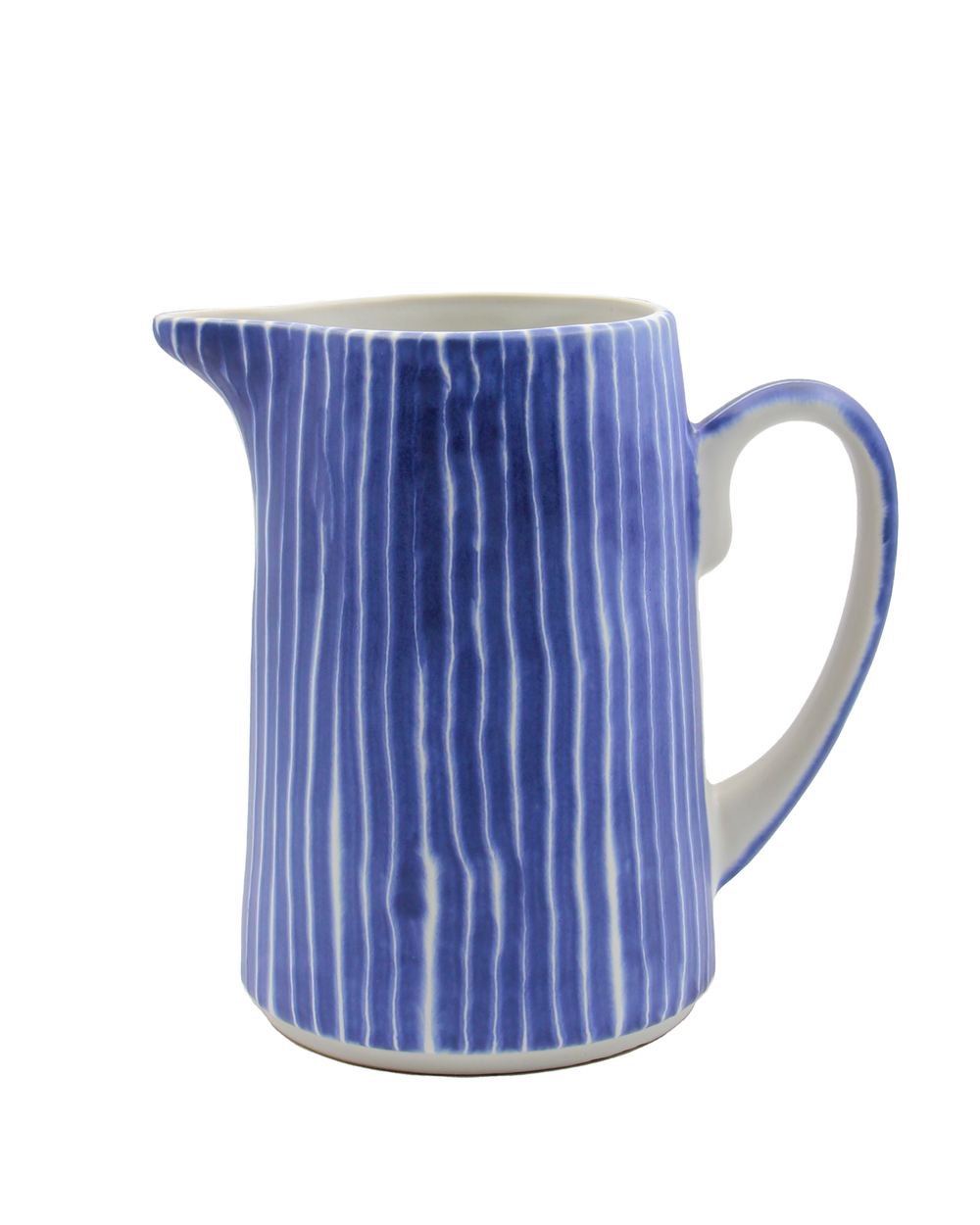 Blue and white striped ceramic pitcher on a white background