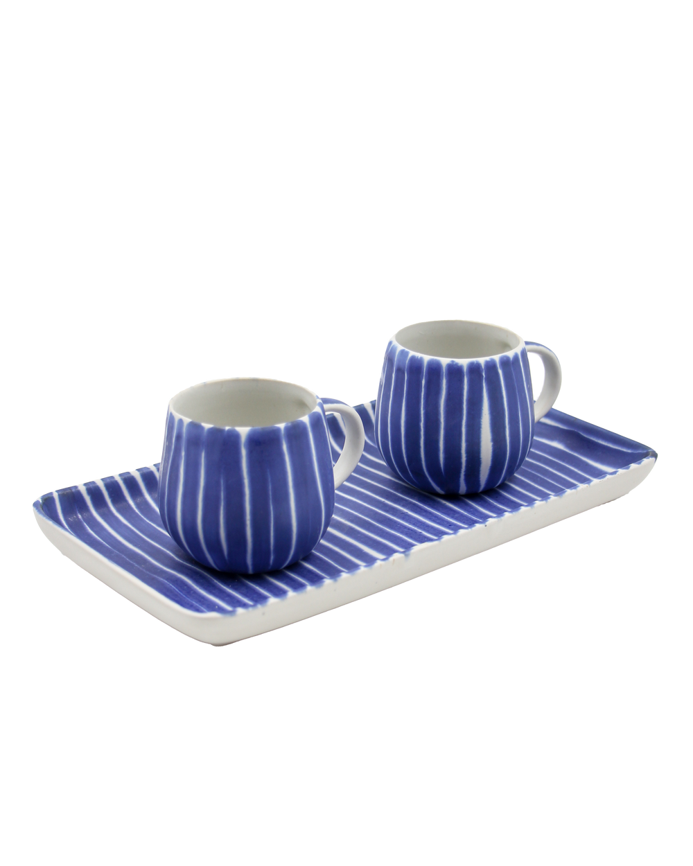 Two blue and white striped ceramic cups with matching saucer on a white background