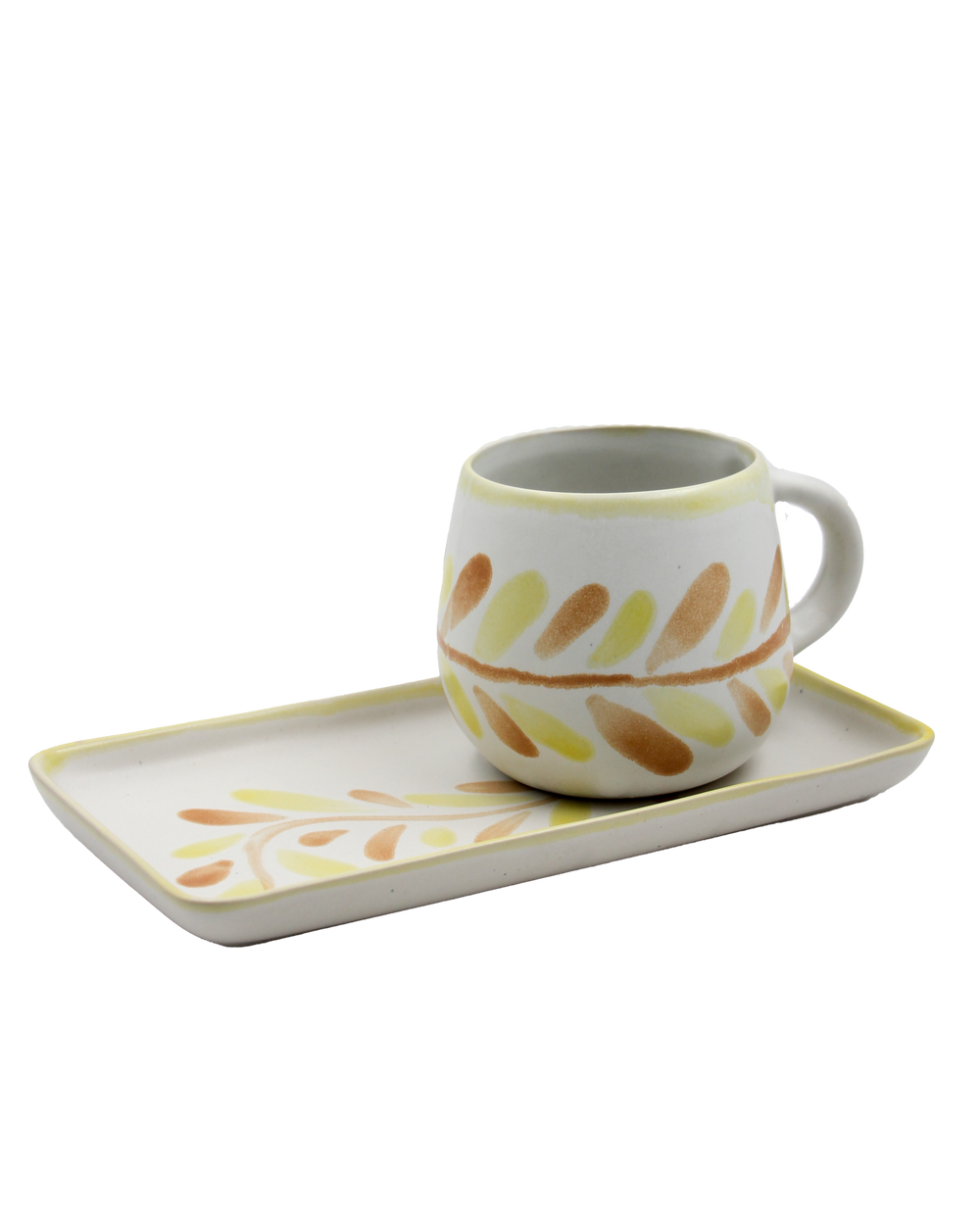 Hand painted stoneware mug and tray in yellow, honey color