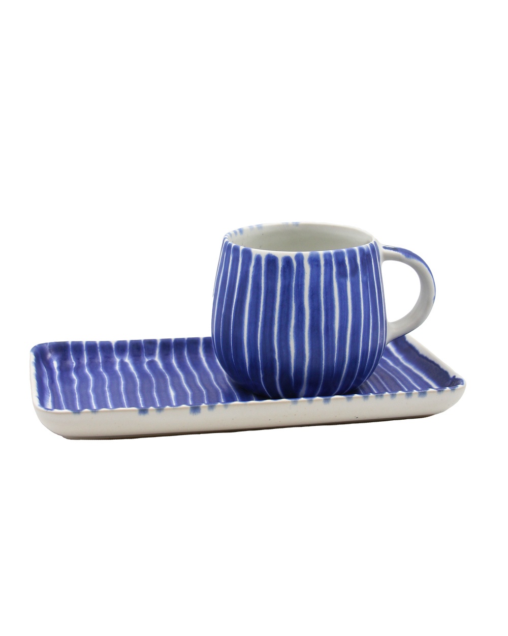 Blue and white striped mug with matching tray on a white background