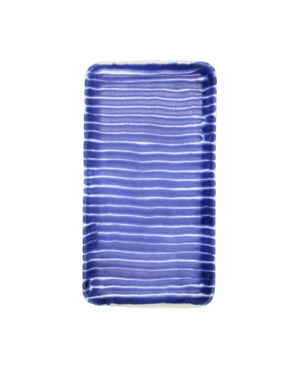 Blue striped rectangular plate on a white background