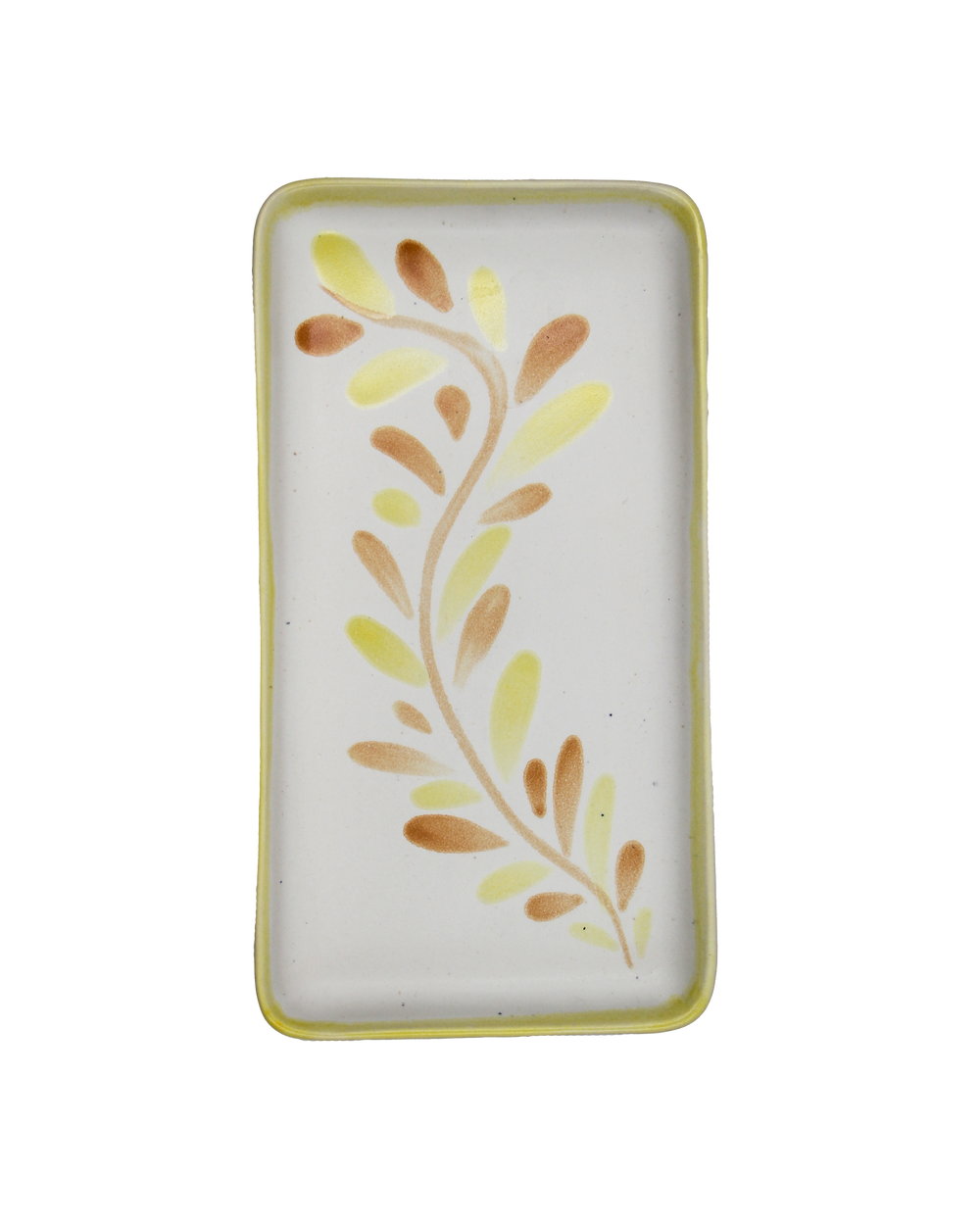 Rectangular ceramic dish with leaf pattern on a white background