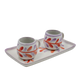 Ceramic set with two cups and a tray featuring floral designs on a white background