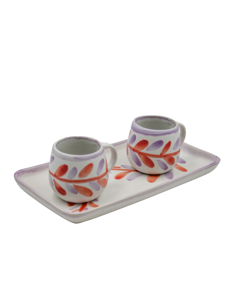 Ceramic set with two cups and a tray featuring floral designs on a white background