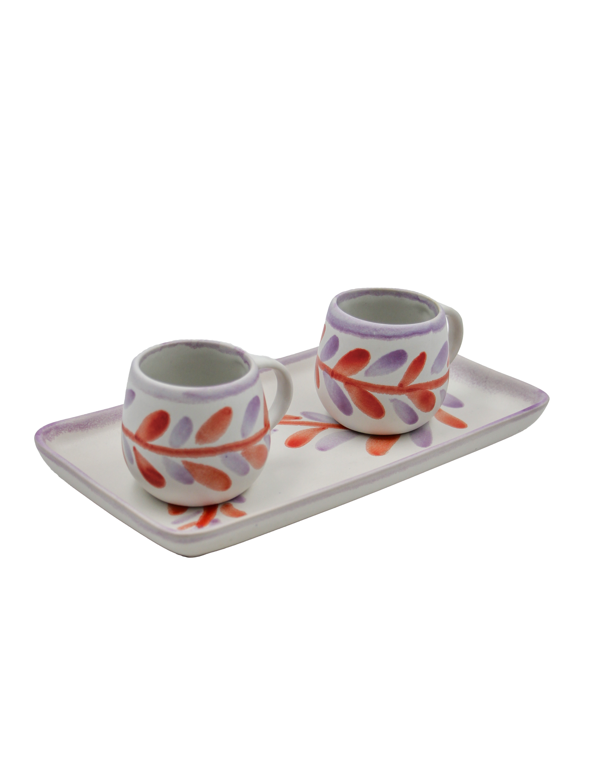 Ceramic set with two cups and a tray featuring floral designs on a white background