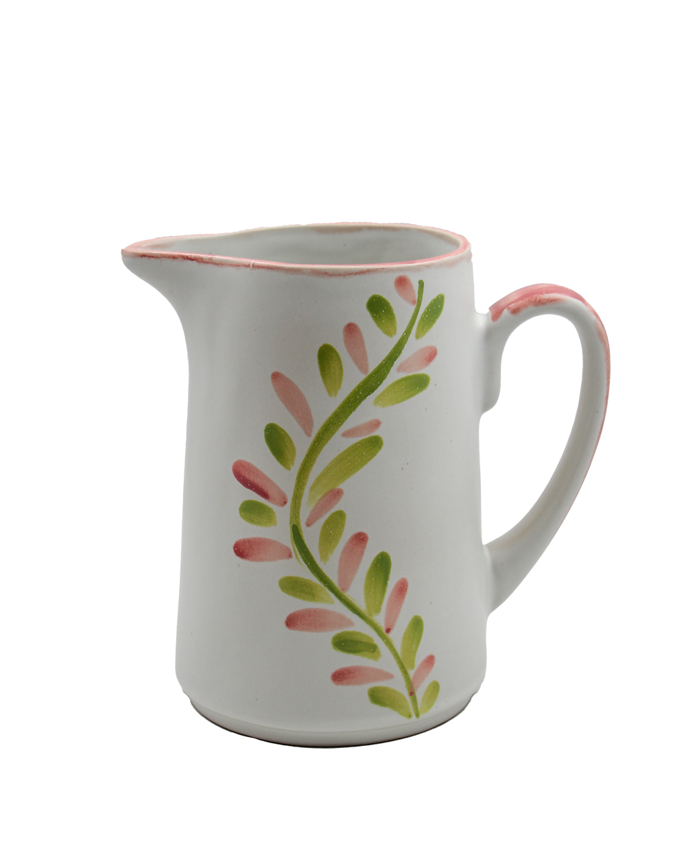 White ceramic pitcher with pink and green leaf pattern on a white background